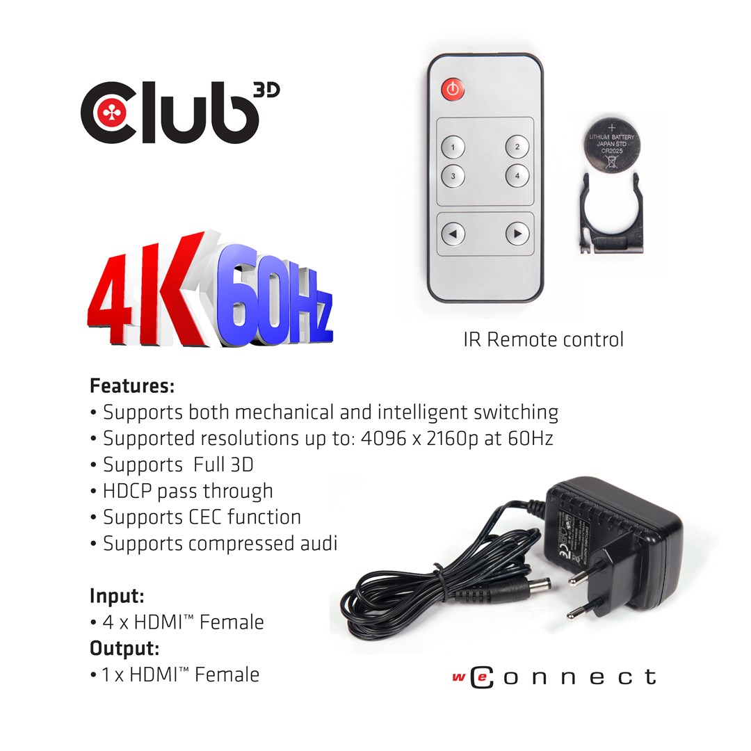 CLUB3D HDMI™ 2.0 UHD 4K60Hz SwitchBox 4 ports and included IR Remote control - Image 10