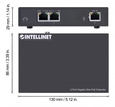 Intellinet 2-Port Gigabit Ultra PoE Extender, Adds up to 100 m (328 ft.) to PoE Range, PoE Power Budget 60 W, Two PSE Ports with 30 W Output Each, IEEE 802.3bt/at/af Compliant, Metal Housing - Image 4