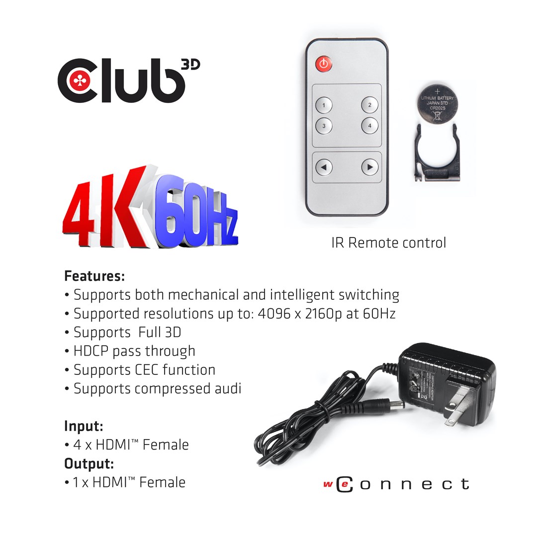 CLUB3D HDMI™ 2.0 UHD 4K60Hz SwitchBox 4 ports and included IR Remote control - Image 11