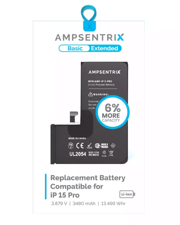 Replacement Battery For iPhone 15 Pro (AmpSentrix Basic Extended)