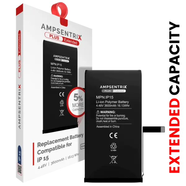 Replacement Battery For iPhone 15 (AmpSentrix Plus Extended)
